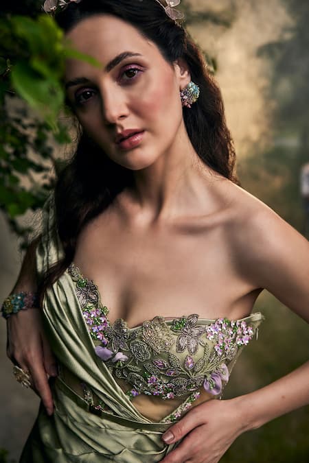 Baya_Green Satin, Net, Viscose Cut Floral Embroidered Draped Sleeve Gown With Belt _at_Aza_Fashions