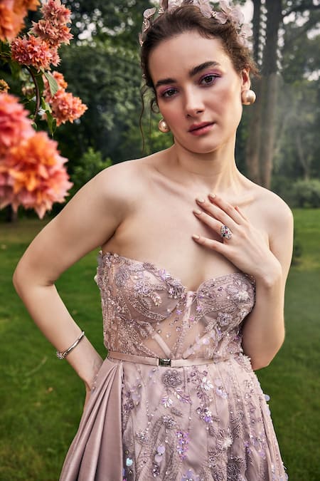Buy_Baya_Pink Satin, Organza Cut Work, Sequins, And Crystal Embellished Gown With Belt _Online_at_Aza_Fashions
