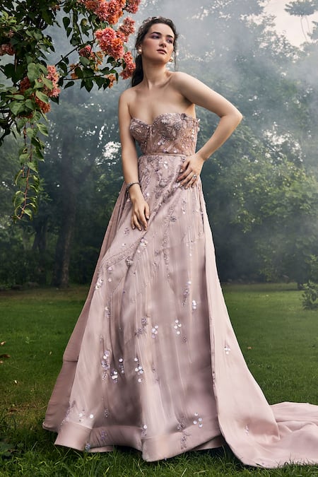 Shop_Baya_Pink Satin, Organza Cut Work, Sequins, And Crystal Embellished Gown With Belt _Online_at_Aza_Fashions