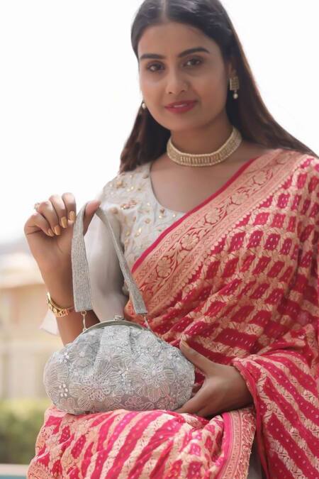 Shop Feza Bags Silver Cutdana Elixir Floral Bead Embroidered Clutch at Aza Fashions Shop_Feza Bags_Silver Cutdana Elixir Floral Bead Embroidered Clutch_at_Aza_Fashions