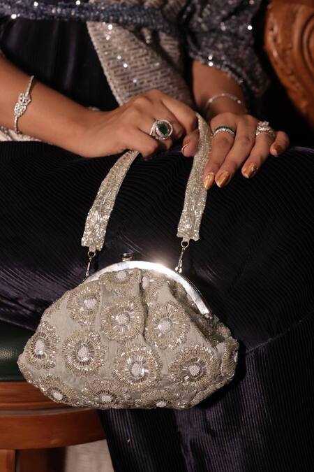 Feza Bags_Silver Cut Work, Sequins, Beads Elixir Cutdana Embroidered Clutch_Online_at_Aza_Fashions