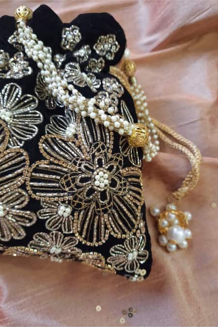 Feza Bags_Black Swarovski Regal Velveteen Floral Embroidered Potli _Online_at_Aza_Fashions