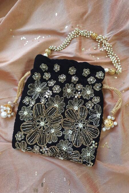 Buy_Feza Bags_Black Swarovski Regal Velveteen Floral Embroidered Potli _Online_at_Aza_Fashions