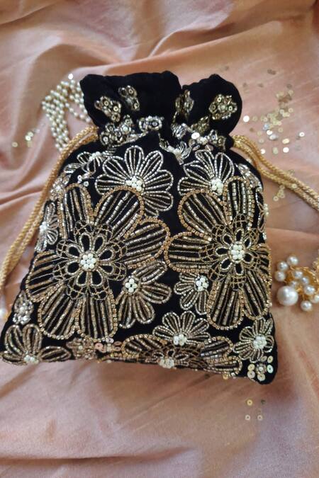 Shop_Feza Bags_Black Swarovski Regal Velveteen Floral Embroidered Potli _Online_at_Aza_Fashions