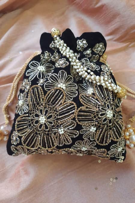 Feza Bags_Black Swarovski Regal Velveteen Floral Embroidered Potli _at_Aza_Fashions