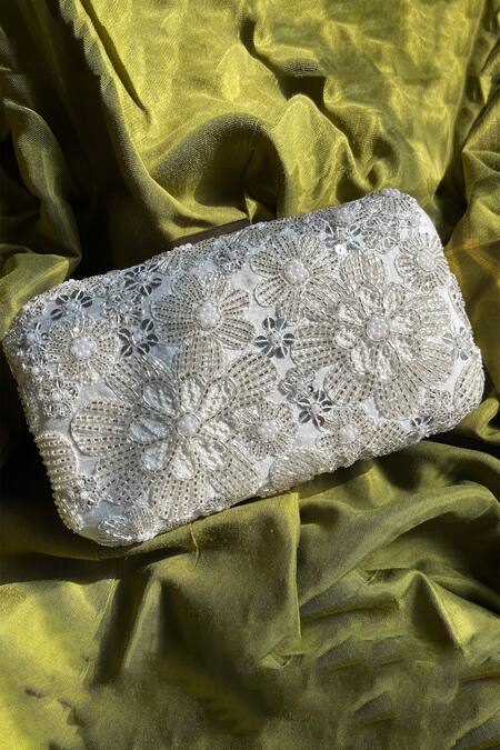 Feza Bags_Silver Cutdana Elixir Floral Embroidered Clutch _Online_at_Aza_Fashions