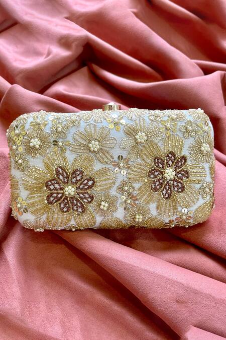 Shop_Feza Bags_Gold Cutdana Elixir Floral Embroidered Clutch With Sling _Online_at_Aza_Fashions