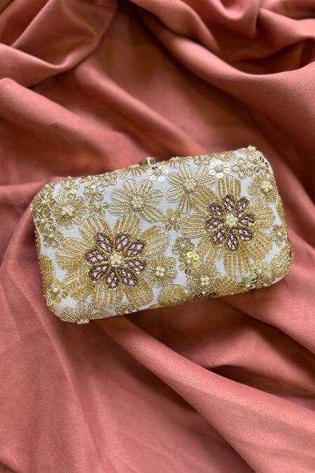 Feza Bags_Gold Cutdana Elixir Floral Embroidered Clutch With Sling _at_Aza_Fashions