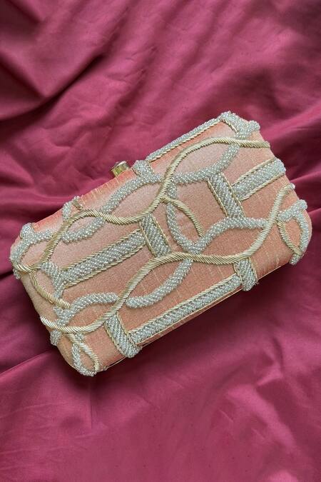 Feza Bags_Pink Zardosi Indo-zardozi Embroidered Clutch _Online_at_Aza_Fashions