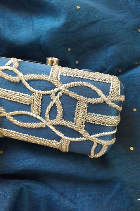 Feza Bags_Blue Zardozi Embellished Box Clutch _Online_at_Aza_Fashions