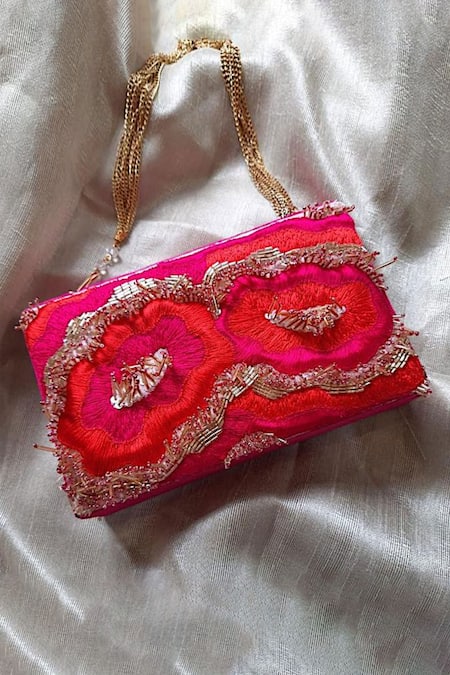 Feza Bags_Red 3d Handwork Scarlet Textured Clutch _Online_at_Aza_Fashions
