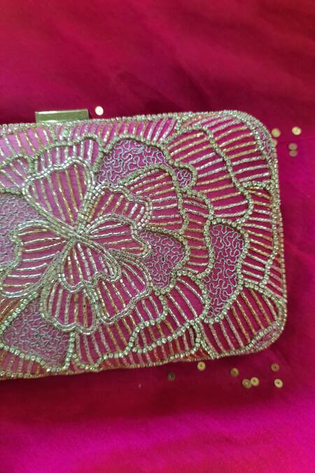 Feza Bags_Pink Cut Dana And Zari Hand Embroidered Ombre Giant Flower Clutch_Online_at_Aza_Fashions
