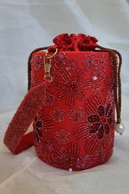 Feza Bags Red Cutdana And Bead Elixir Bloom Embroidered Cylinder Bag Online at Aza Fashions Feza Bags_Red Cutdana And Bead Elixir Bloom Embroidered Cylinder Bag _Online_at_Aza_Fashions