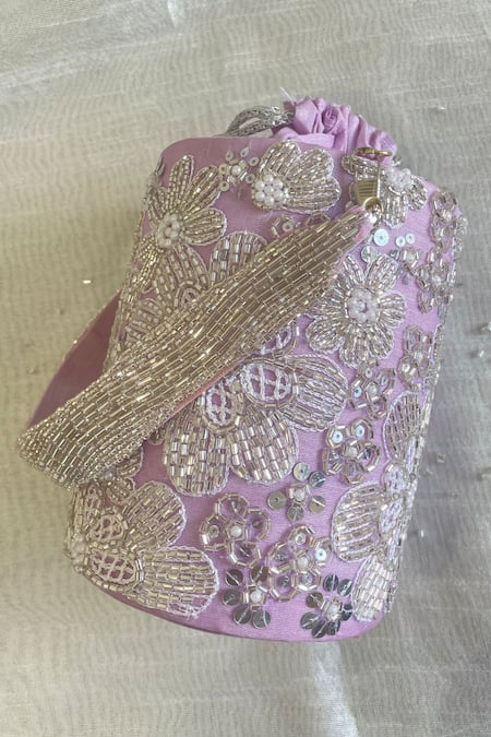Buy_Feza Bags_Purple Sequins, Cut Work, Beads Elixir Floret Embroidered Cylinder Bag _Online_at_Aza_Fashions