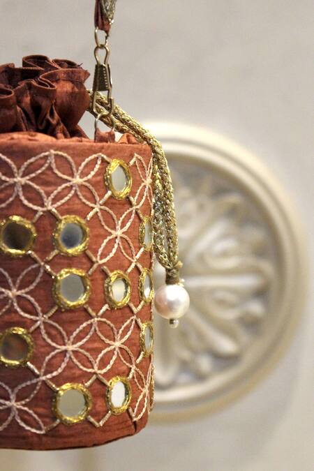 Buy_Feza Bags_Orange Mirror And Thread Juno Embroidered Cylinder Bag _Online_at_Aza_Fashions