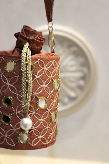 Feza Bags_Orange Mirror And Thread Juno Embroidered Cylinder Bag _at_Aza_Fashions