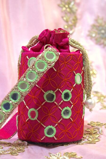 Feza Bags_Pink Mirror And Thread Juno Work Cylinder Bag _Online_at_Aza_Fashions