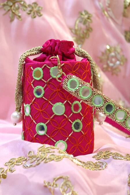 Shop_Feza Bags_Pink Mirror And Thread Juno Work Cylinder Bag _Online_at_Aza_Fashions