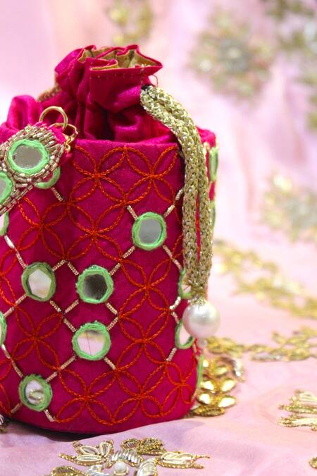 Feza Bags_Pink Mirror And Thread Juno Work Cylinder Bag _at_Aza_Fashions