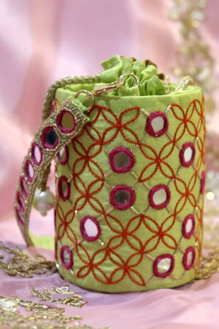Feza Bags_Green Mirror And Thread Juno & Work Cylinder Bag _at_Aza_Fashions