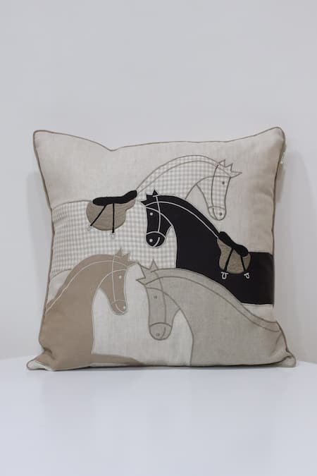 Linen Bloom Horse Applique Thread Work Cushion 