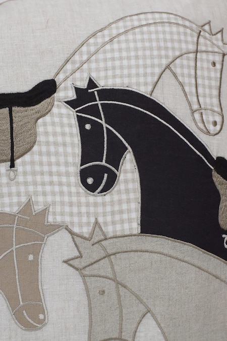 Linen Bloom_Beige 100% Pure Linen Horse Applique Thread Embroidered And Checkered Work Cushion_Online_at_Aza_Fashions
