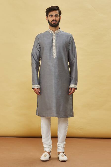 Arihant Rai Sinha Grey Silk Embroidery Cuff Kurta Set Online at Aza Fashions Arihant Rai Sinha_Grey Silk Embroidery Cuff Kurta Set _Online_at_Aza_Fashions
