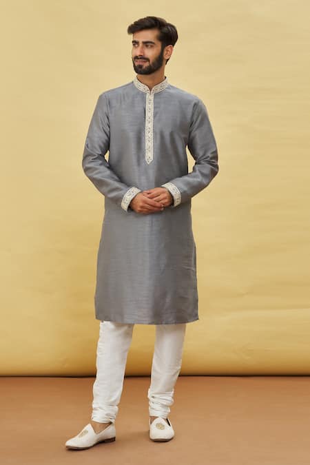 Buy Arihant Rai Sinha Grey Silk Embroidery Cuff Kurta Set Online at Aza Fashions Buy_Arihant Rai Sinha_Grey Silk Embroidery Cuff Kurta Set _Online_at_Aza_Fashions