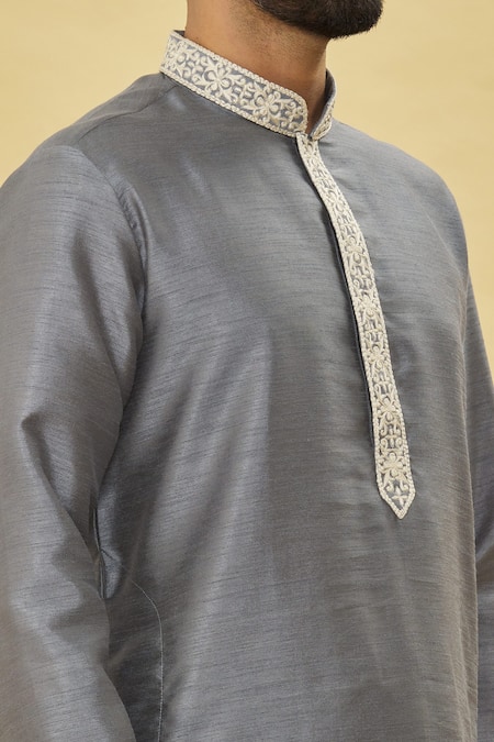 Shop Arihant Rai Sinha Grey Silk Embroidery Cuff Kurta Set Online at Aza Fashions Shop_Arihant Rai Sinha_Grey Silk Embroidery Cuff Kurta Set _Online_at_Aza_Fashions