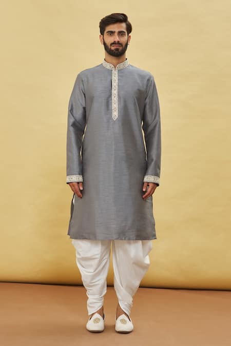Arihant Rai Sinha Grey Silk, Cotton Embroidery Cuff Kurta And Dhoti Pant Set Online at Aza Fashions Arihant Rai Sinha_Grey Silk, Cotton Embroidery Cuff Kurta And Dhoti Pant Set _Online_at_Aza_Fashions