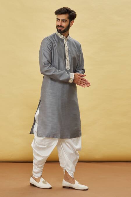 Buy Arihant Rai Sinha Grey Silk, Cotton Embroidery Cuff Kurta And Dhoti Pant Set Online at Aza Fashions Buy_Arihant Rai Sinha_Grey Silk, Cotton Embroidery Cuff Kurta And Dhoti Pant Set _Online_at_Aza_Fashions