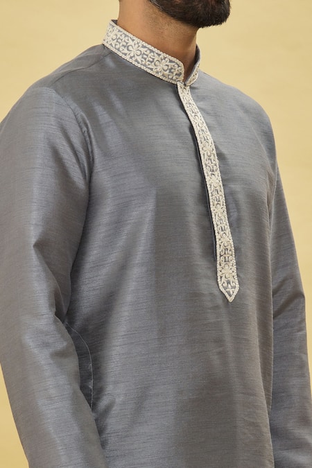 Shop Arihant Rai Sinha Grey Silk, Cotton Embroidery Cuff Kurta And Dhoti Pant Set Online at Aza Fashions Shop_Arihant Rai Sinha_Grey Silk, Cotton Embroidery Cuff Kurta And Dhoti Pant Set _Online_at_Aza_Fashions