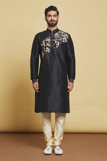 Arihant Rai Sinha Black Silk Embroidery Diagonal Kurta Set Online at Aza Fashions Arihant Rai Sinha_Black Silk Embroidery Diagonal Kurta Set _Online_at_Aza_Fashions