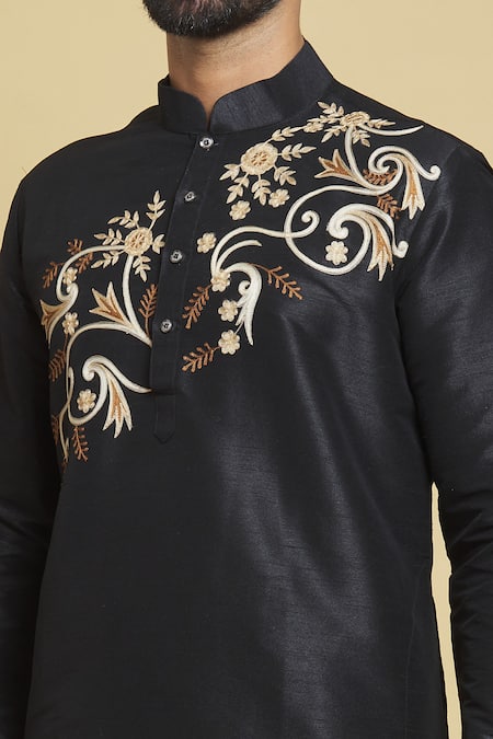 Shop Arihant Rai Sinha Black Silk Embroidery Diagonal Kurta Set Online at Aza Fashions Shop_Arihant Rai Sinha_Black Silk Embroidery Diagonal Kurta Set _Online_at_Aza_Fashions