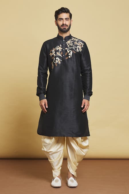 Arihant Rai Sinha Black Silk Embroidery Diagonal Kurta And Dhoti Pant Set at Aza Fashions Arihant Rai Sinha_Black Silk Embroidery Diagonal Kurta And Dhoti Pant Set _at_Aza_Fashions
