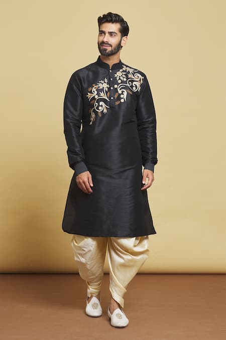 Arihant Rai Sinha Black Silk Embroidery Diagonal Kurta And Dhoti Pant Set Online at Aza Fashions Arihant Rai Sinha_Black Silk Embroidery Diagonal Kurta And Dhoti Pant Set _Online_at_Aza_Fashions