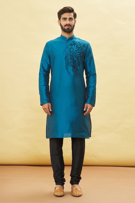 Arihant Rai Sinha_Blue Silk Embroidery Thread Work Bodice Kurta And Churidar Set _Online_at_Aza_Fashions