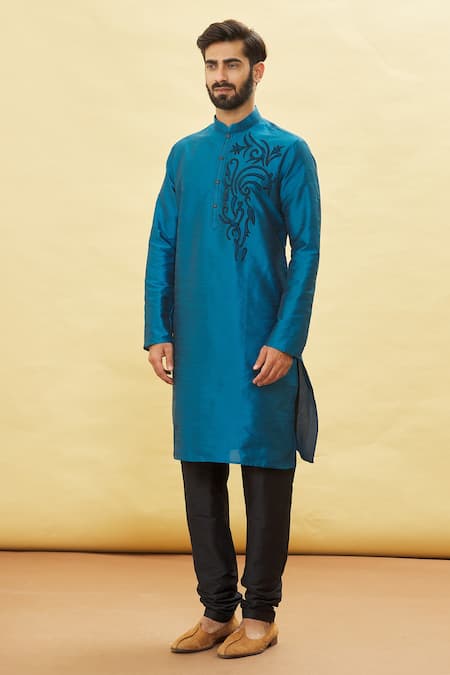 Buy_Arihant Rai Sinha_Blue Silk Embroidery Thread Work Bodice Kurta And Churidar Set _Online_at_Aza_Fashions