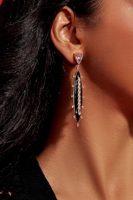 Aulerth X Shivan And Narresh Black Crystals, Stones Numisma Oblong Studded Earrings Online at Aza Fashions Aulerth X Shivan And Narresh_Black Crystals, Stones Numisma Oblong Studded Earrings _Online_at_Aza_Fashions