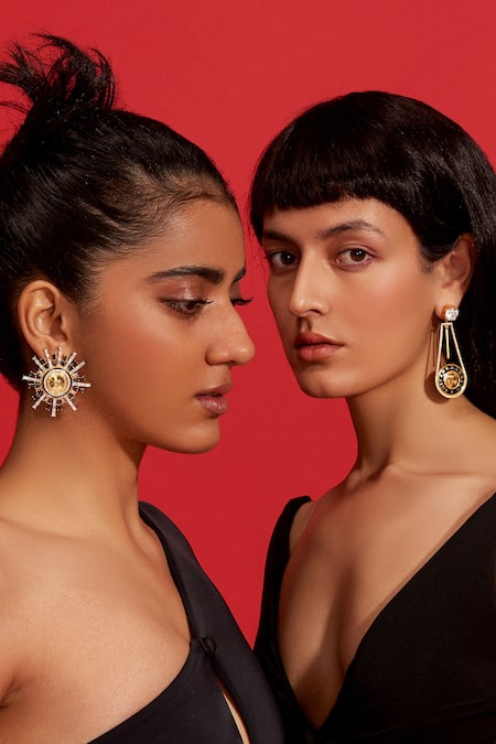 Aulerth X Shivan And Narresh_Black Crystals, Stones Numisma Pendulum Carved Earrings _Online_at_Aza_Fashions