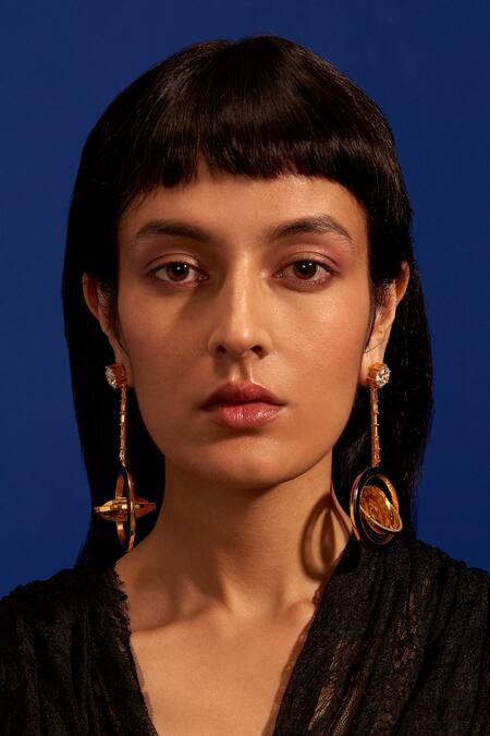 Aulerth X Shivan And Narresh_Black Crystals Numisma Orbit Carved Earrings _Online_at_Aza_Fashions