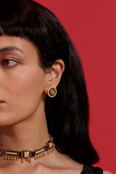 Aulerth X Shivan And Narresh_Black Stones Numisma Coin Embellished Studs _Online_at_Aza_Fashions