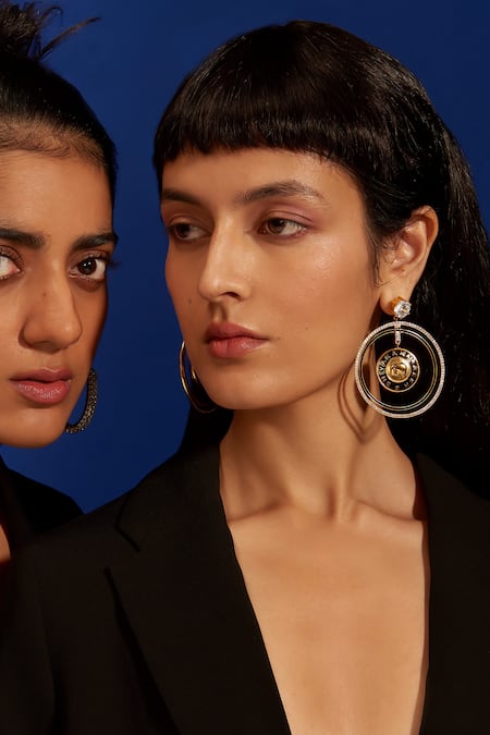 Aulerth X Shivan And Narresh_Black Stones Numisma Annular Embellished Cutwork Earrings _Online_at_Aza_Fashions
