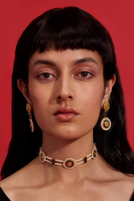 Aulerth X Shivan And Narresh Black Stones Numisma Duo Embellished Earrings Online at Aza Fashions Aulerth X Shivan And Narresh_Black Stones Numisma Duo Embellished Earrings _Online_at_Aza_Fashions