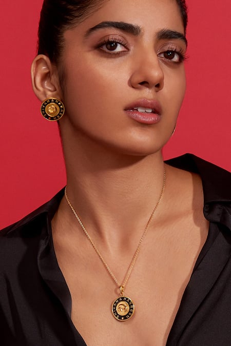 Aulerth X Shivan And Narresh_Black Numisma Enamel Work Locket Necklace _Online_at_Aza_Fashions