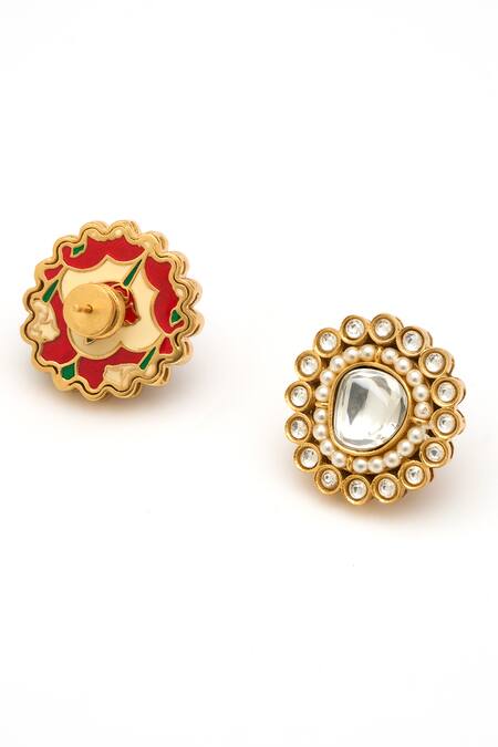 Aulerth X Suneet Varma_White Gota Patti Kundan Embellished Studs _Online_at_Aza_Fashions