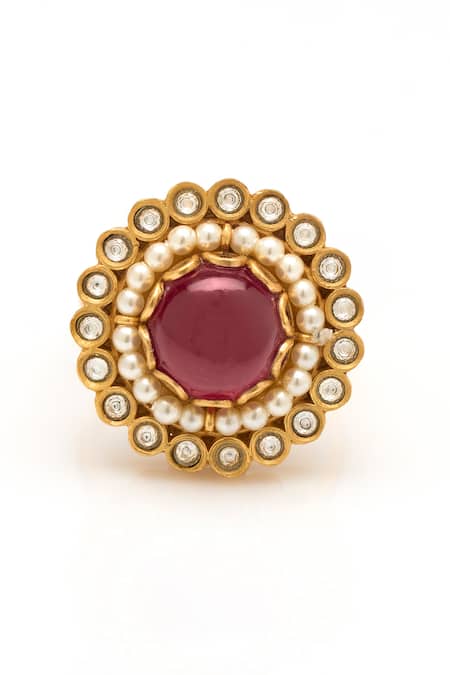 Shop_Aulerth X Suneet Varma_Red Engineered Stones Floral Embellished Ring _at_Aza_Fashions