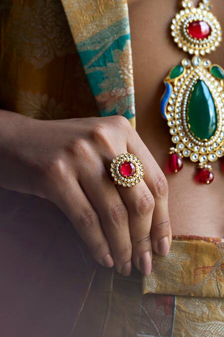 Aulerth X Suneet Varma_Red Engineered Stones Floral Embellished Ring _Online_at_Aza_Fashions