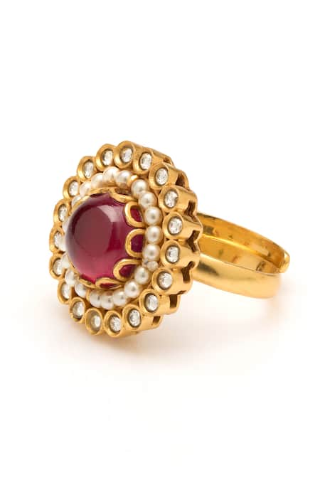 Buy_Aulerth X Suneet Varma_Red Engineered Stones Floral Embellished Ring _Online_at_Aza_Fashions