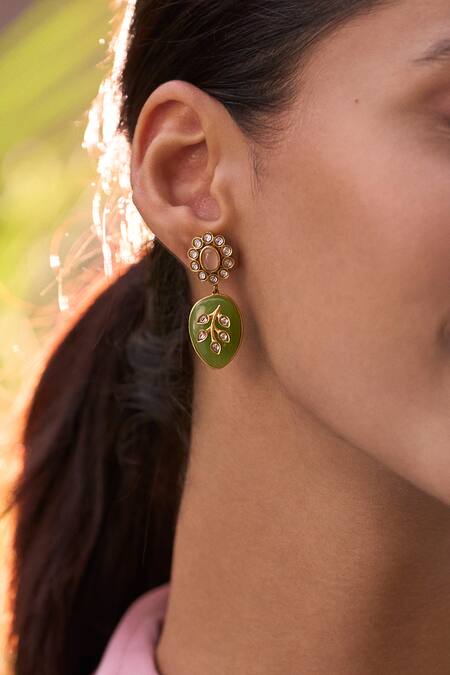 Aulerth X Suneet Varma Green Engineered Stones Leaflet Pattern Embellished Earrings  2